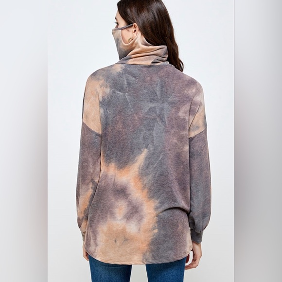704 ❤️ PLUS SIZE TIE DYE PULLOVER WITH FACE COVERING OPTION- BROWN PEACH TOP - Picture 2 of 4